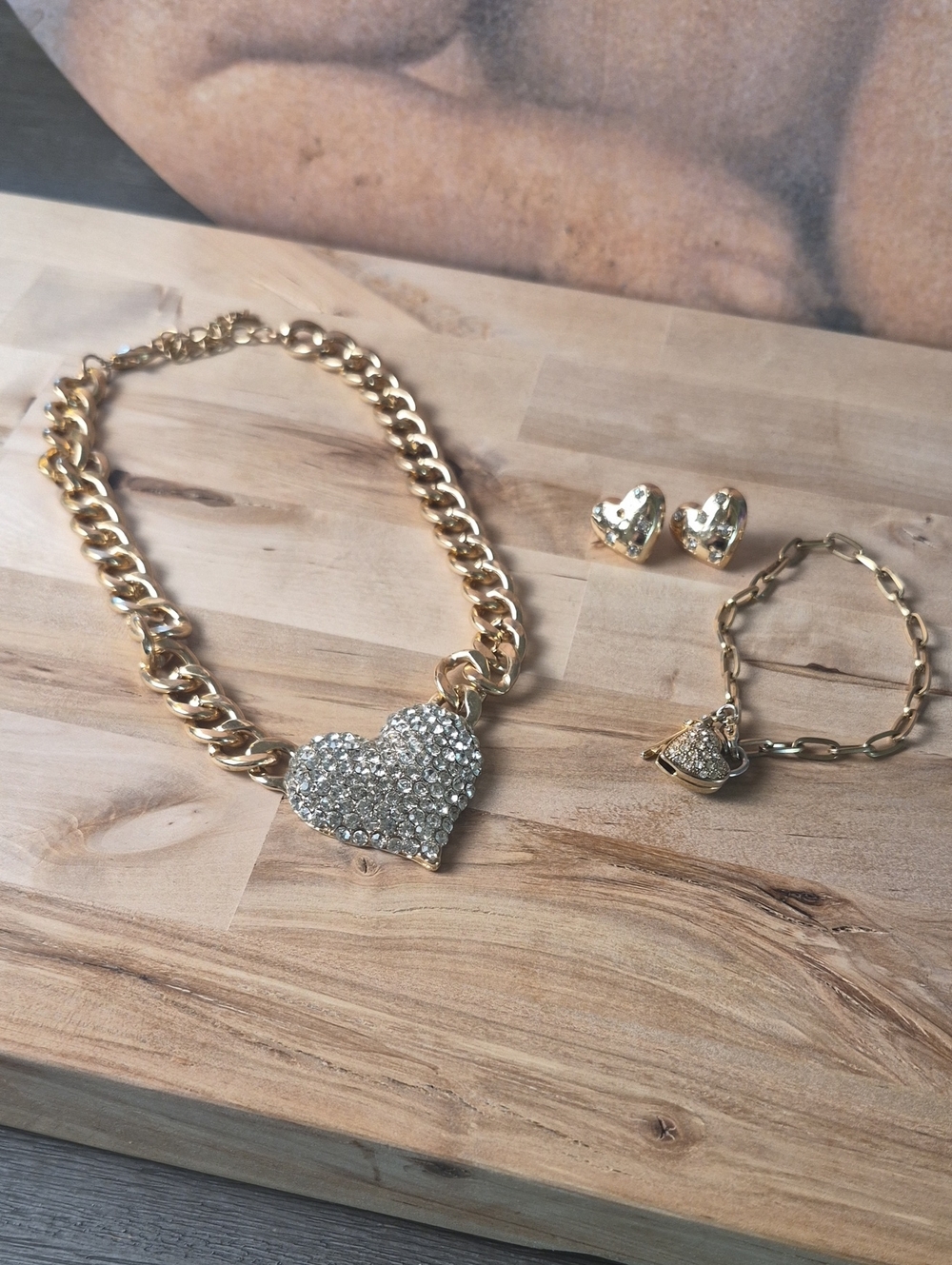 Gold Heart Charm Necklace and Matching Earrings Set with Crystal Accents